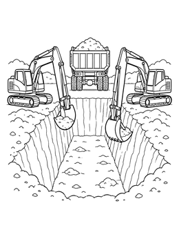 Two excavators digging a deep trench next to a loaded truck on this dump truck coloring page.