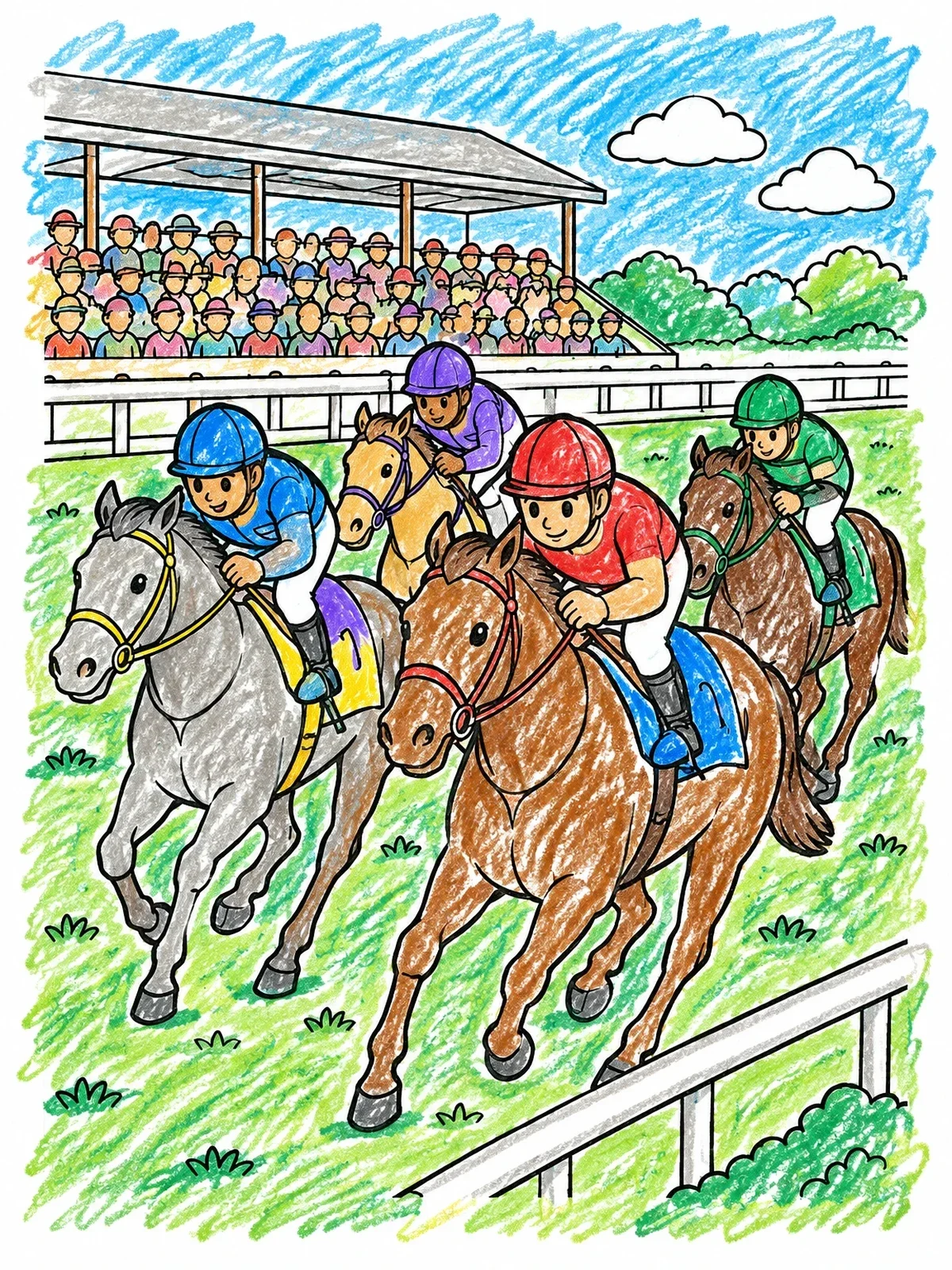 Colored example of the Exciting Horse Race By The Grandstand coloring page