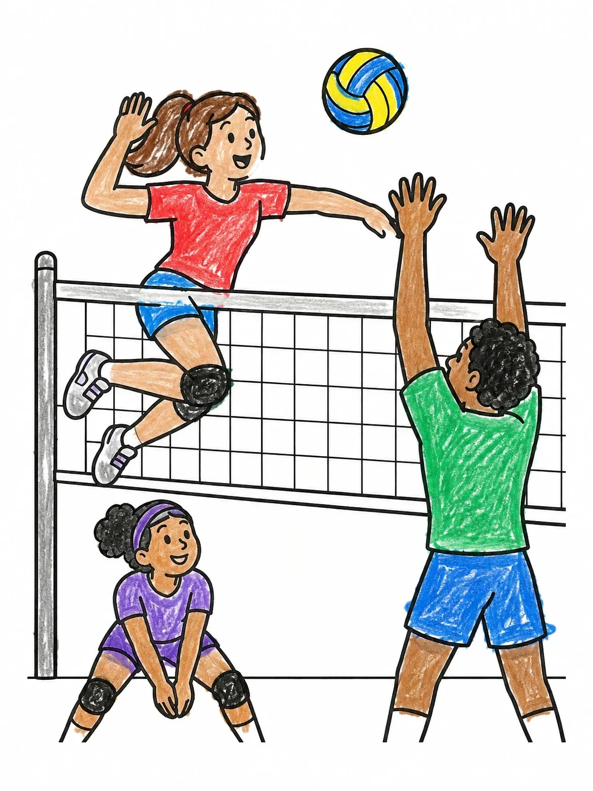 Colored example of the Exciting Volleyball Match At The Net coloring page
