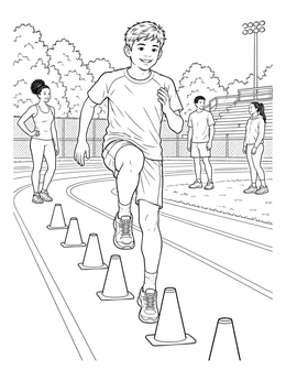 A cheerful boy steps over cones in this track exercise coloring page.