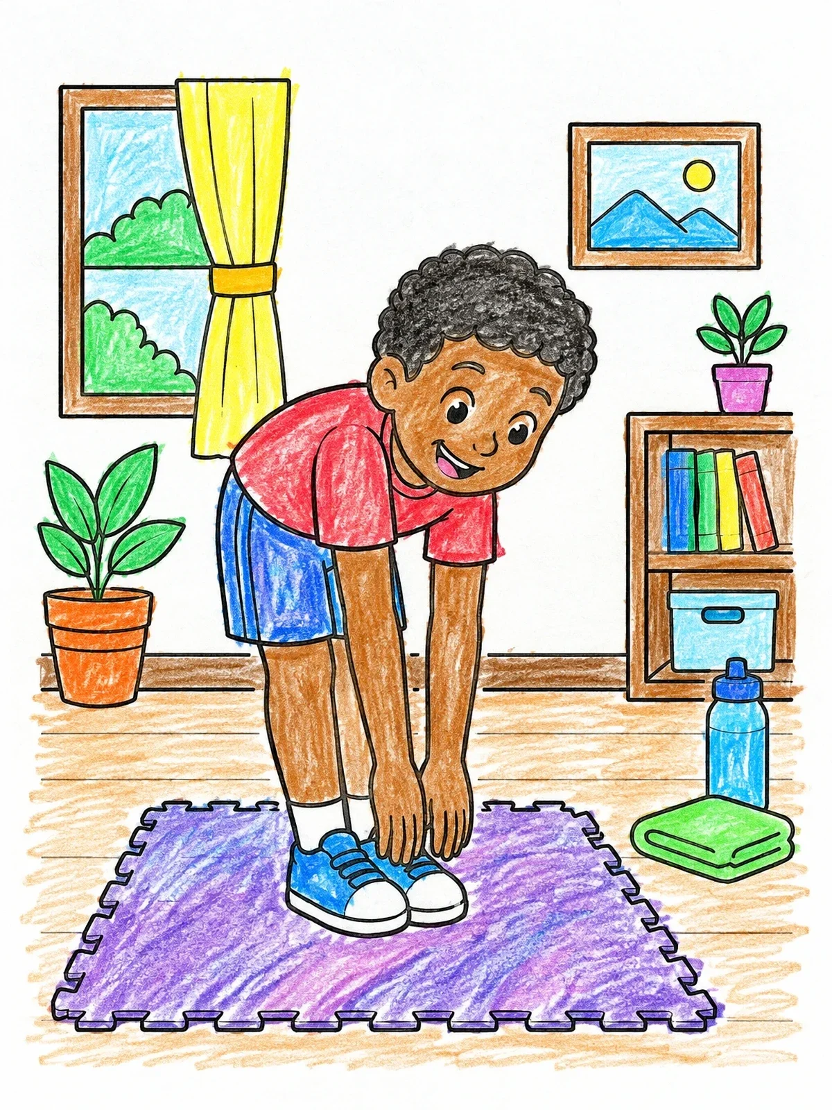 Colored example of the Boy Stretching To Touch His Toes coloring page