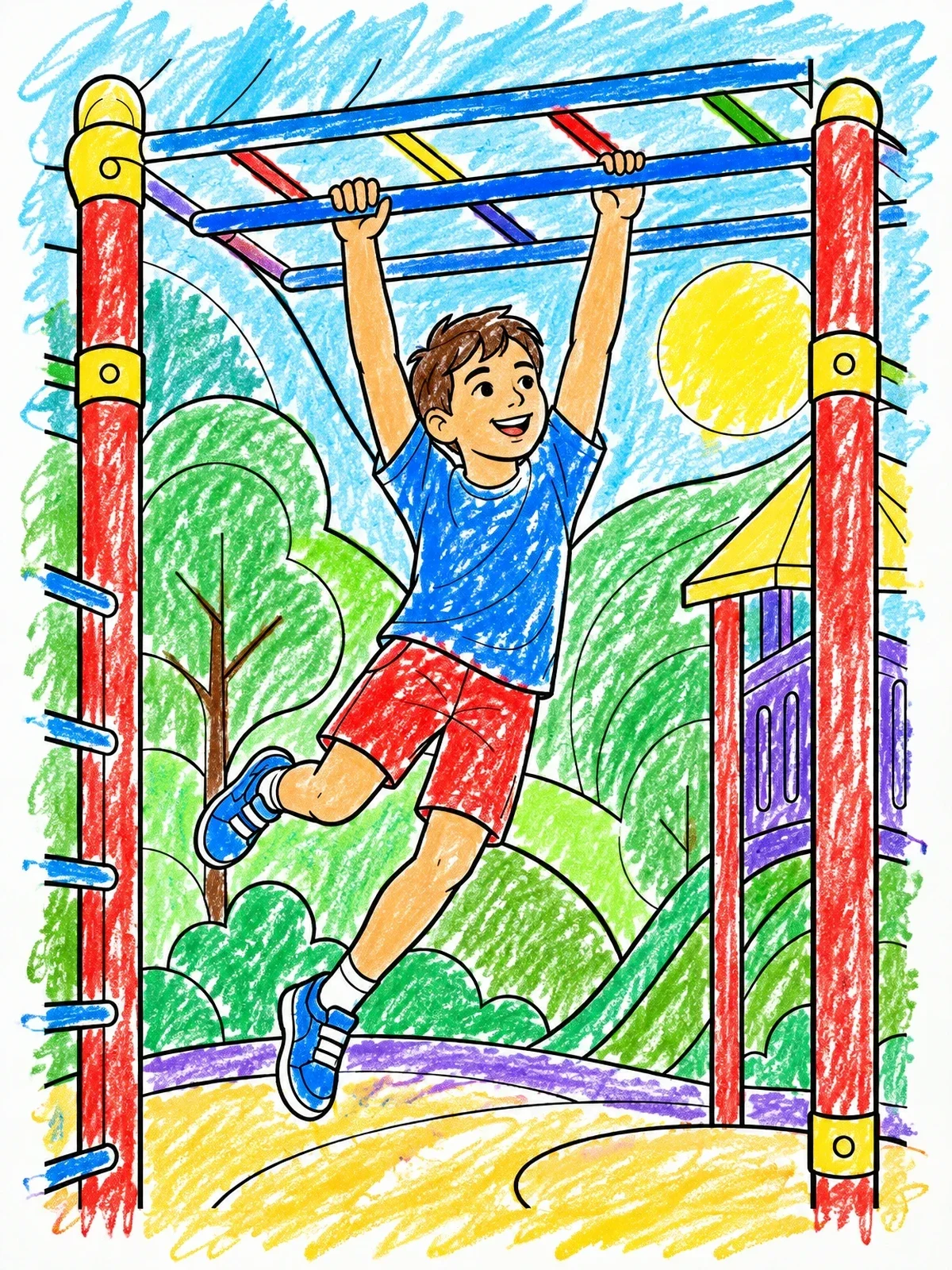 Colored example of the Boy Swinging On Monkey Bars coloring page