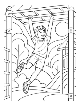A happy boy swings across playground monkey bars in this exercise coloring page.