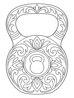 An ornate kettlebell appears in this detailed exercise coloring page for adults.