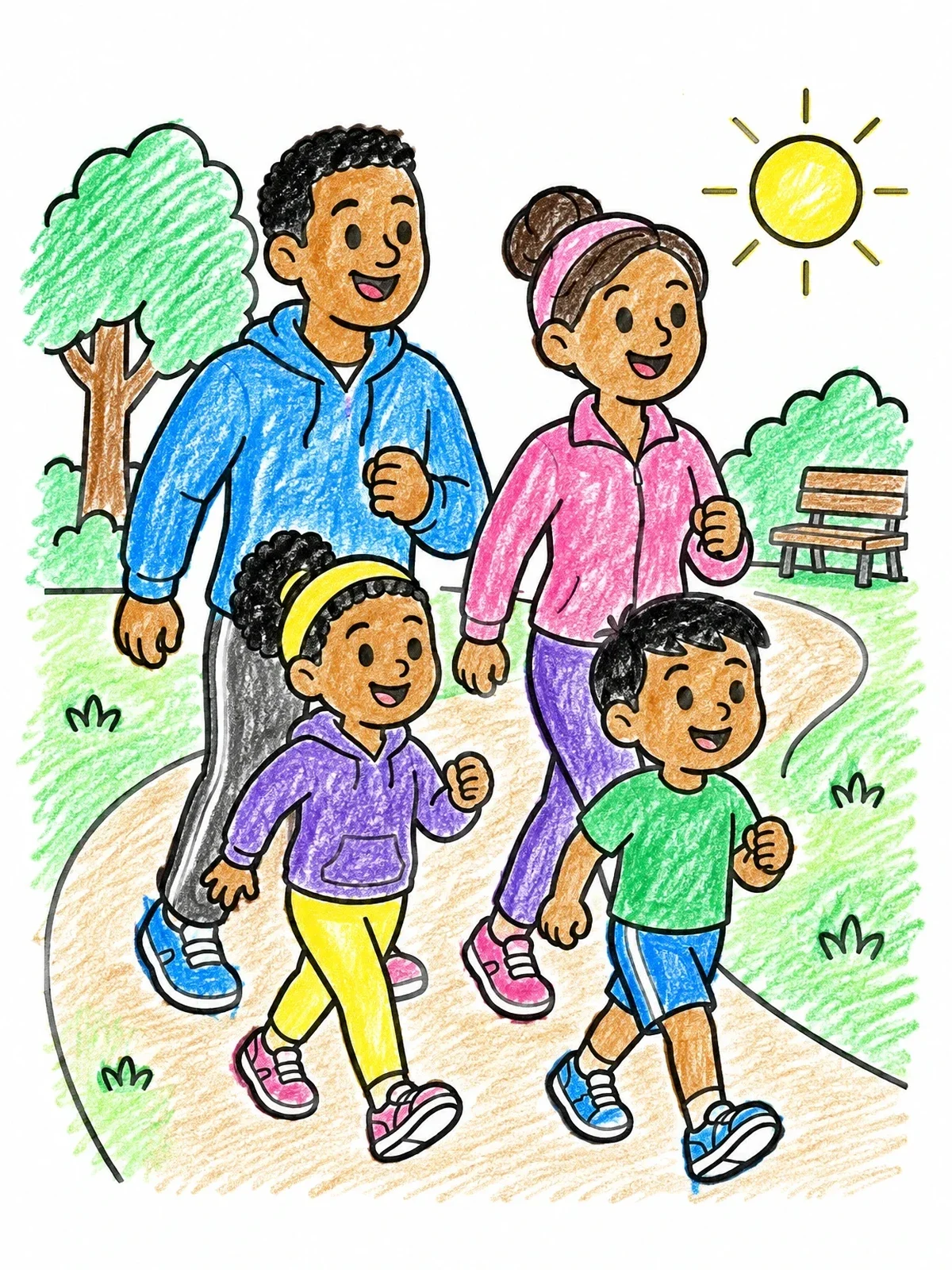 Colored example of the Family Jogging In The Park coloring page
