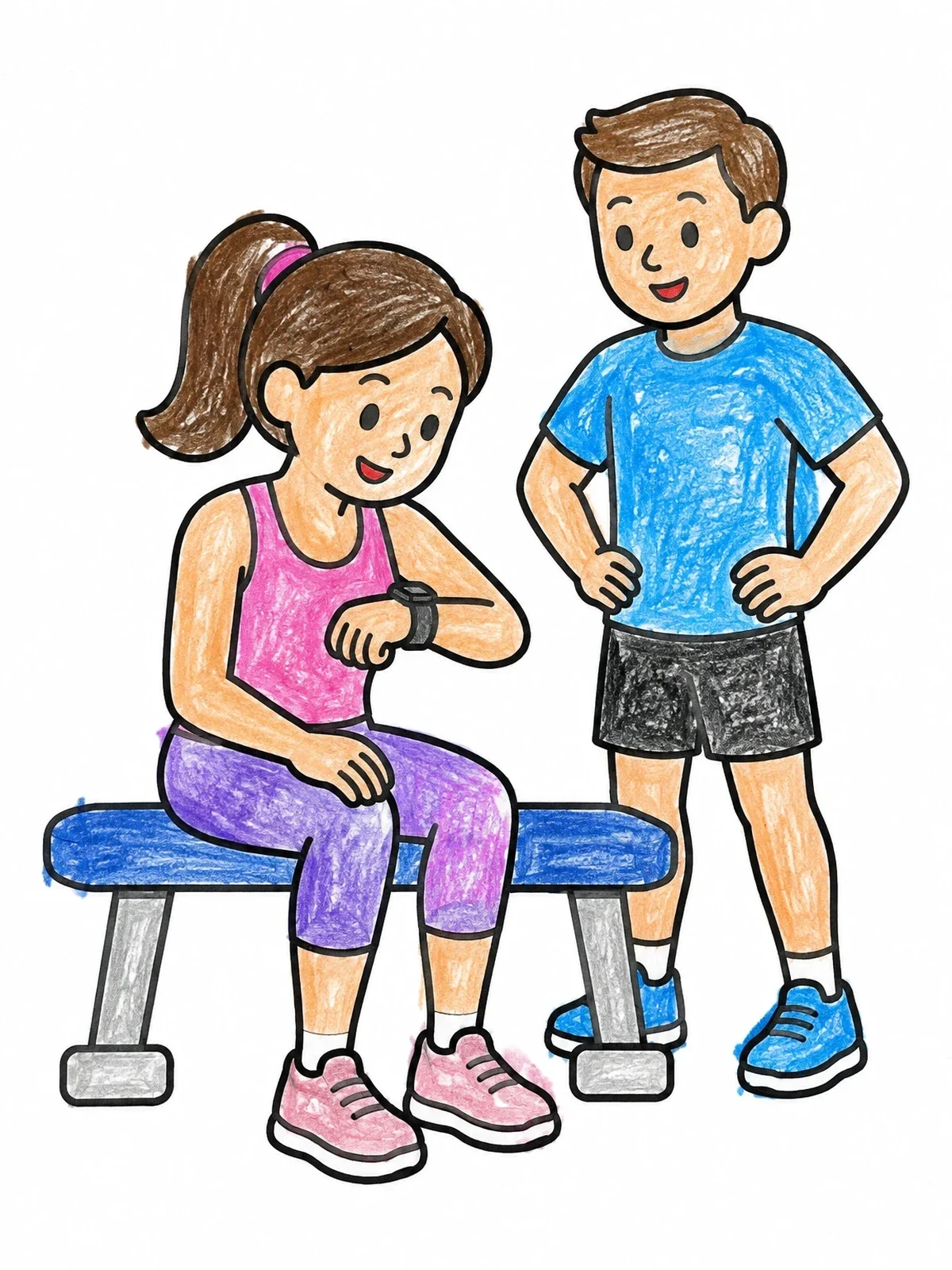 Colored example of the Checking Fitness Watch On Bench coloring page