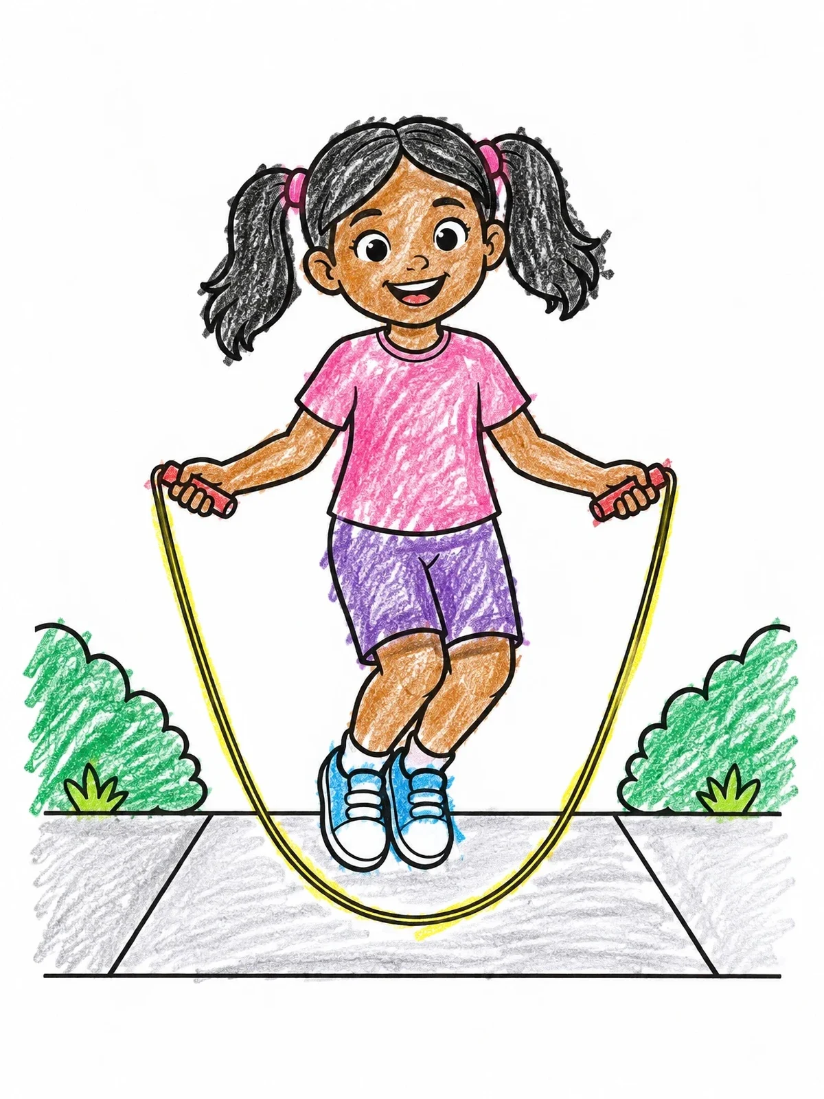 Colored example of the Girl Jumping Rope Outdoors coloring page