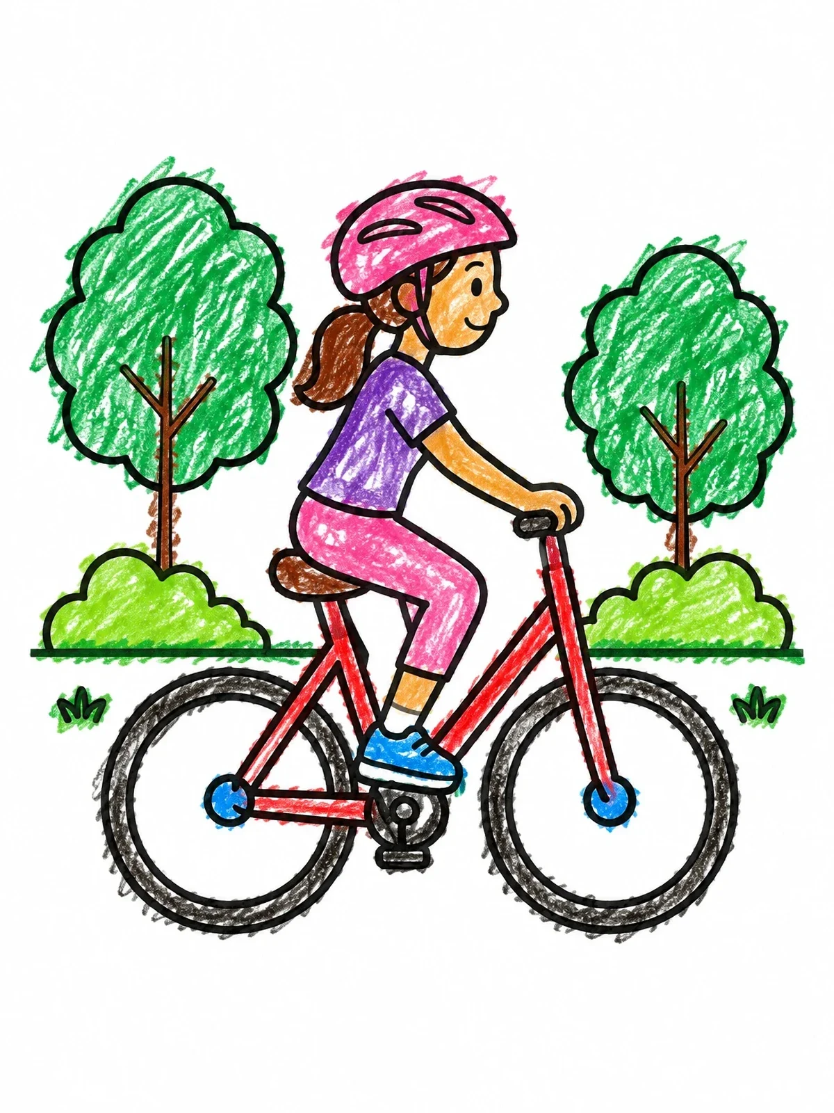 Colored example of the Girl Riding Bicycle In The Park coloring page