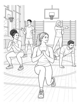 Diverse people working out together in this lively exercise coloring page.