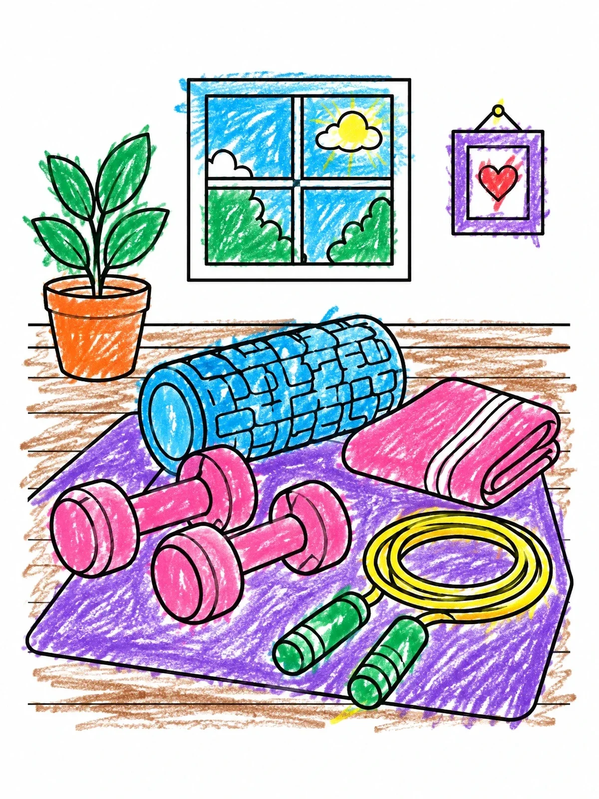 Colored example of the Home Workout Corner With Fitness Gear coloring page