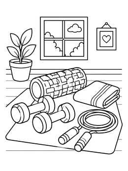 Dumbbells, jump rope, foam roller, and towel ready in this exercise coloring page.