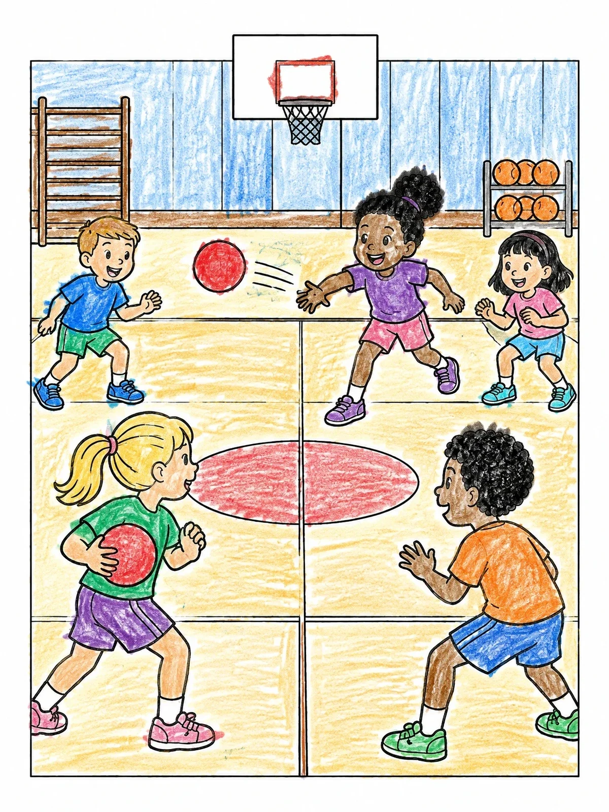 Colored example of the Kids Playing Dodgeball In The Gym coloring page