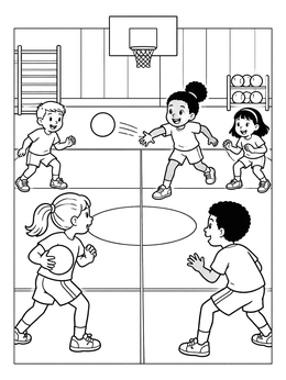 Children play an energetic gym game in this exercise coloring page.