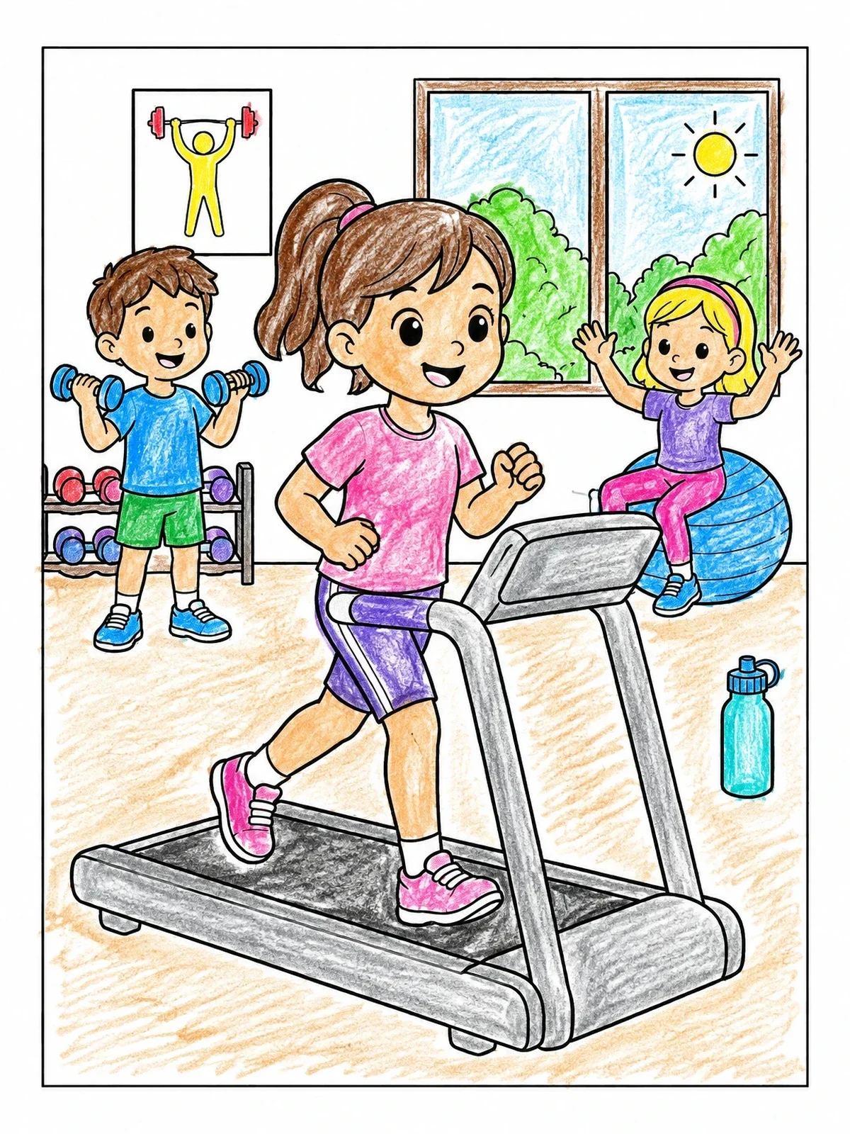 Colored example of the Kids Working Out In The Gym coloring page