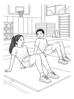 Two kids crab walk on gym mats in this physical education exercise coloring page.