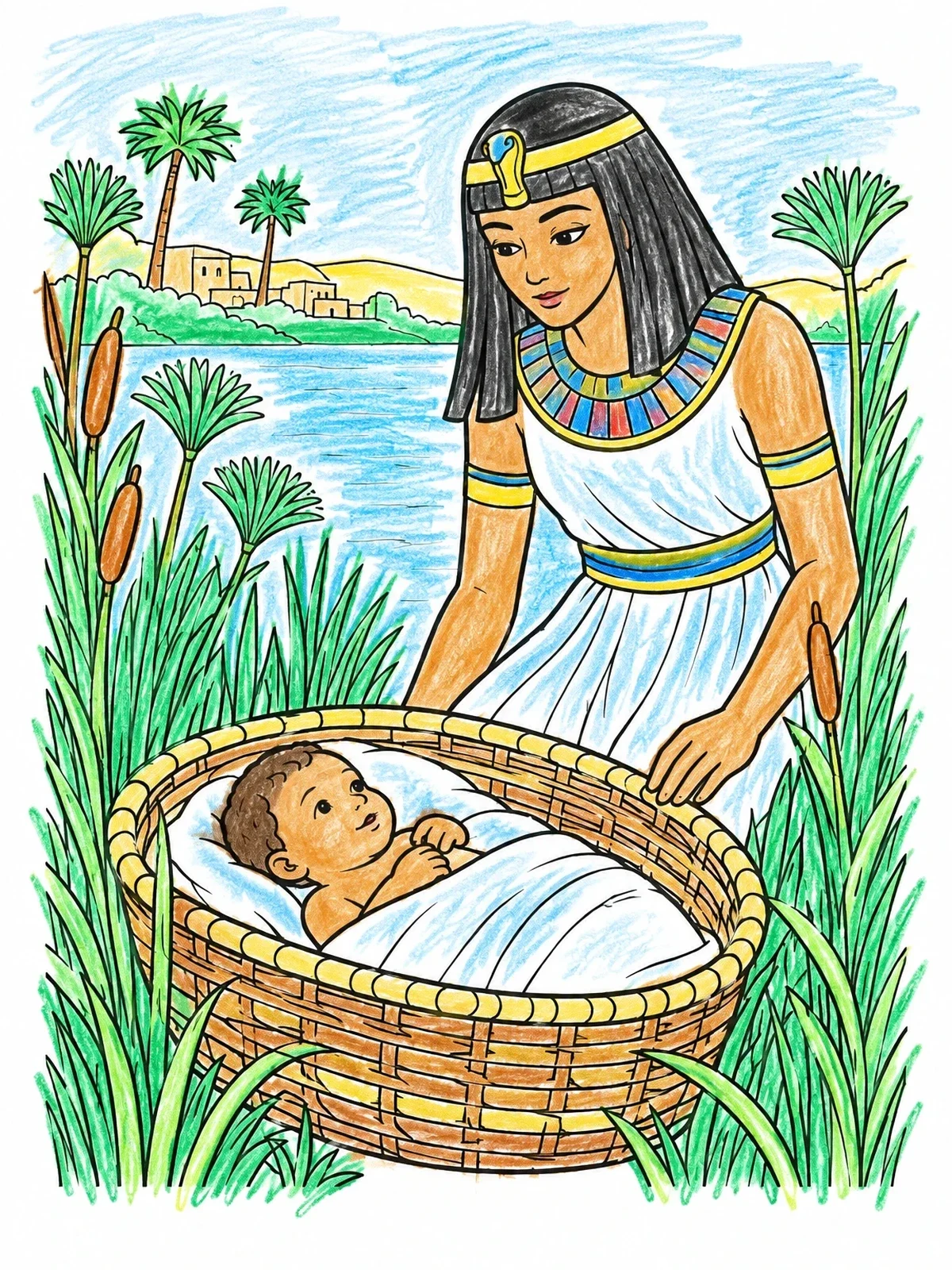 Colored example of the Baby Moses Discovered By The Princess coloring page