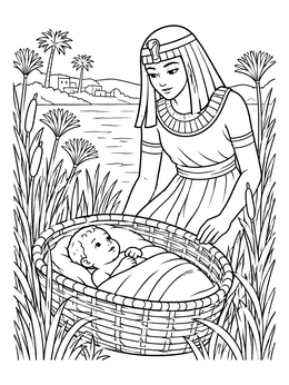 An Egyptian princess finds baby Moses in a basket along the Nile in this exodus coloring page.