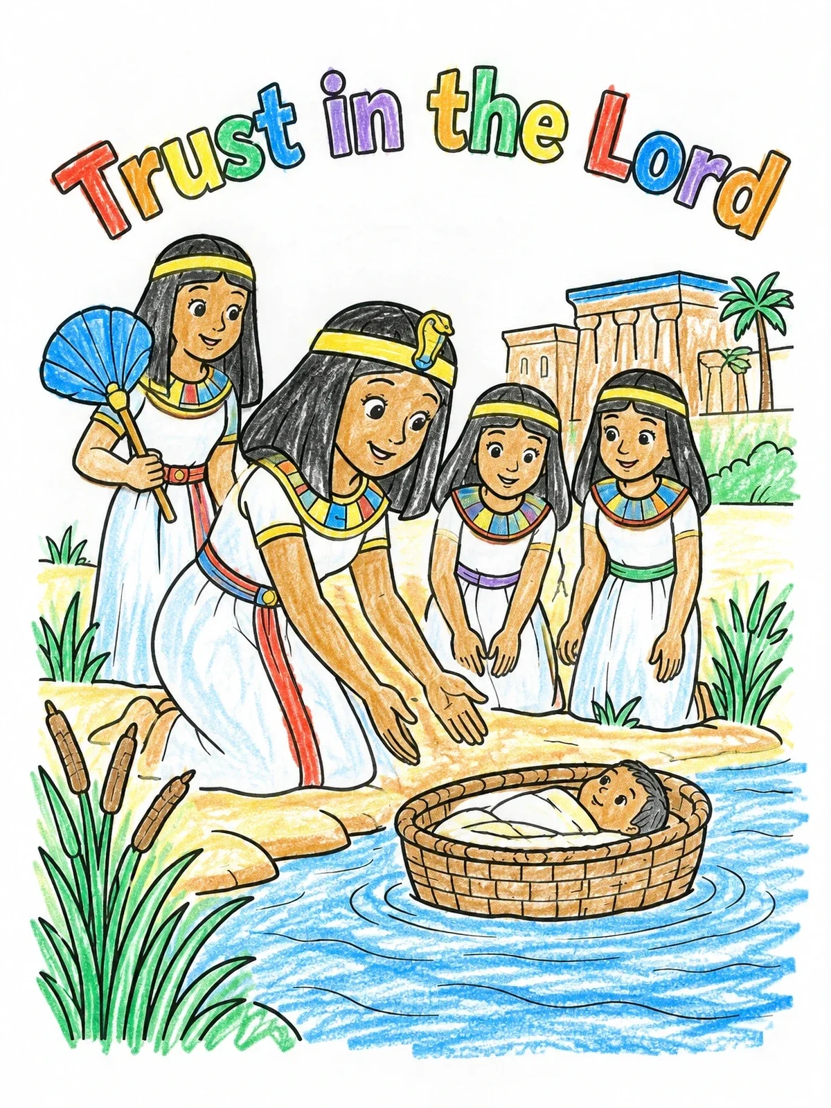Colored example of the Finding Baby Moses In The River coloring page
