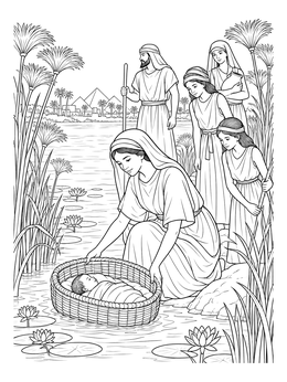 An exodus coloring page showing baby Moses placed in a woven basket along the Nile reeds.