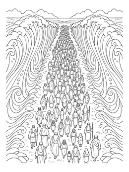 Detailed exodus coloring page showing a multitude walking between towering walls of sea water.