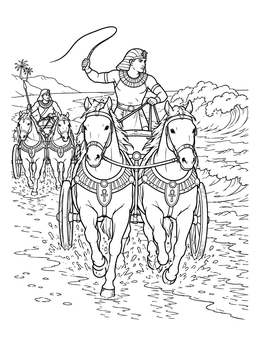 An exodus coloring page showing an Egyptian chariot racing through the sea waters.