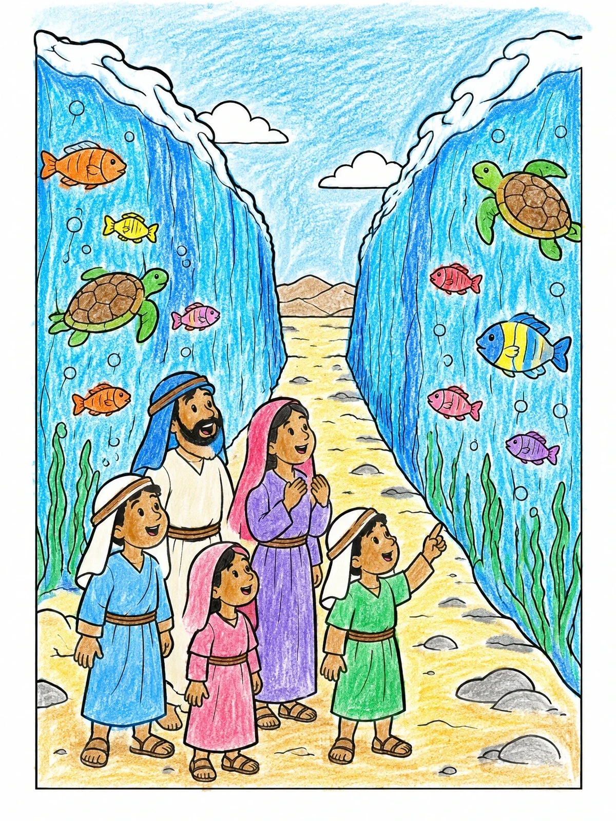 Colored example of the Family Crossing The Parted Red Sea coloring page
