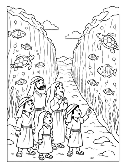 Free printable Family Crossing The Parted Red Sea coloring page
