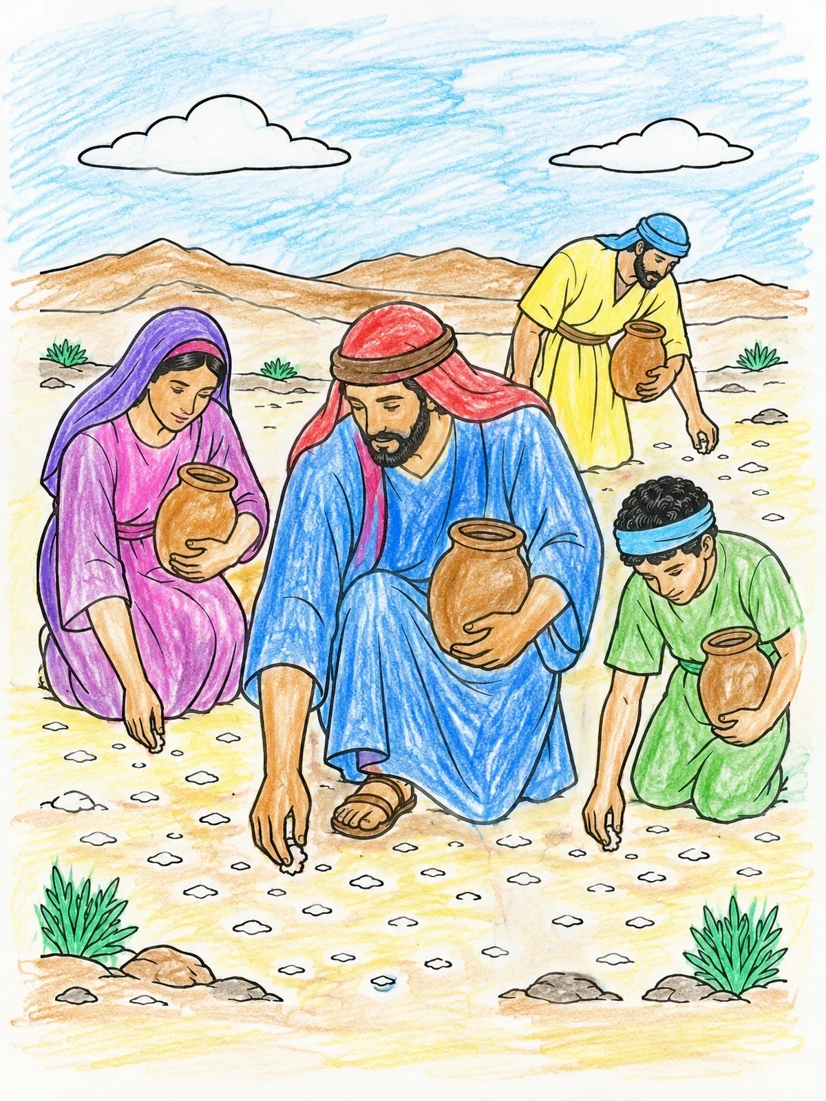 Colored example of the Gathering Manna In The Desert coloring page