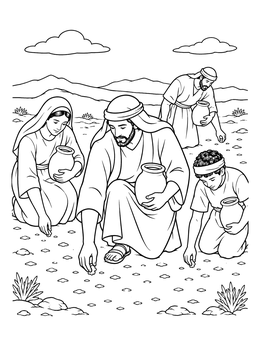 An exodus coloring page showing Israelites collecting manna from the ground into clay jars.
