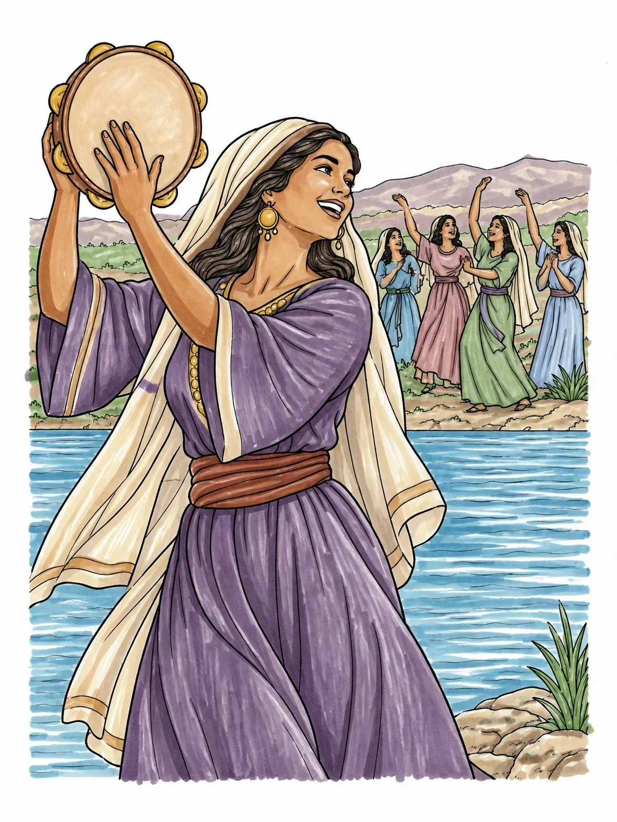 Colored example of the Miriam Dancing With Tambourine coloring page