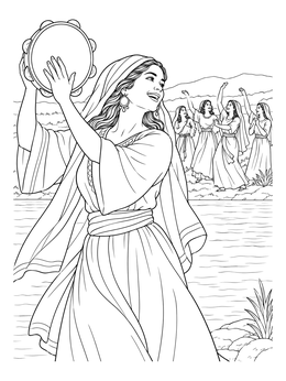 Miriam celebrates with a tambourine beside dancing women in this exodus coloring page.