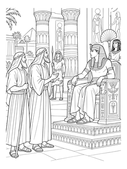 Moses and Aaron speaking to Pharaoh on his throne in this exodus coloring page.