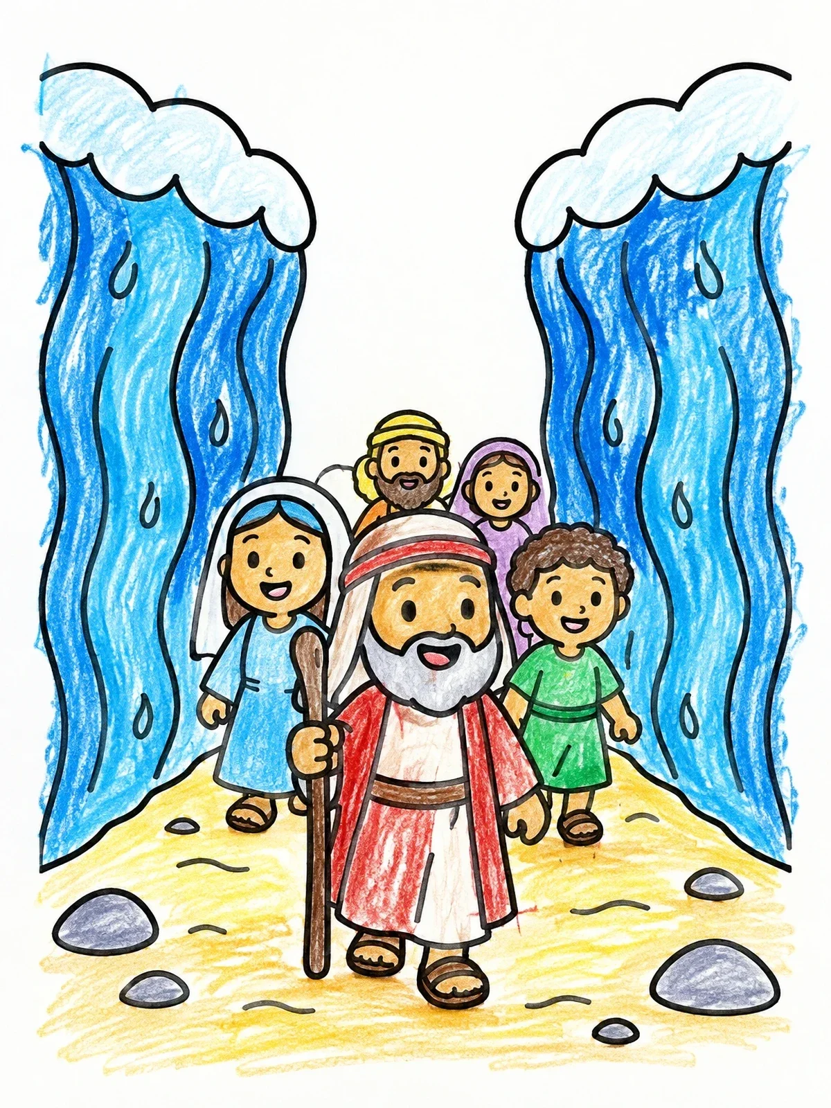Colored example of the Moses Parting The Red Sea coloring page