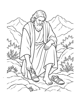 Moses kneels on rocky ground in this exodus coloring page.