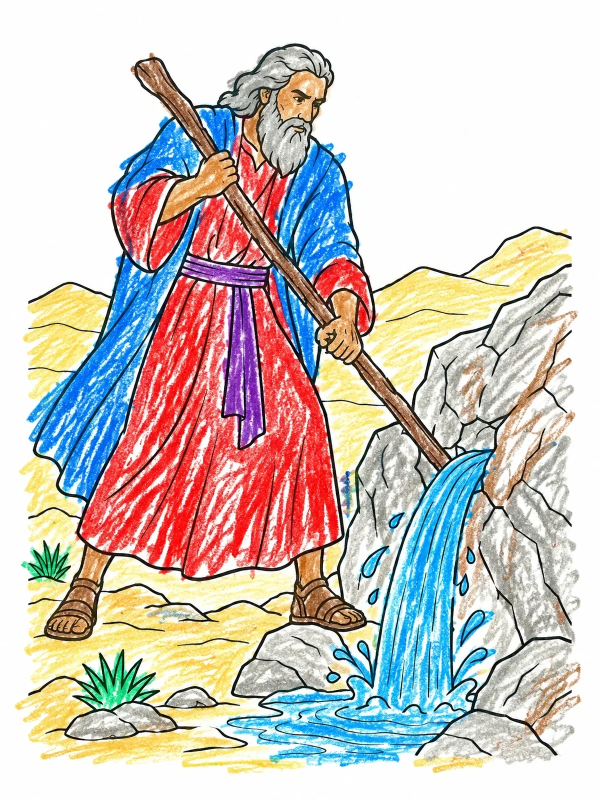 Colored example of the Moses Striking The Rock For Water coloring page