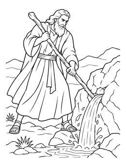 Moses hits a desert rock with his wooden staff in this exodus coloring page.