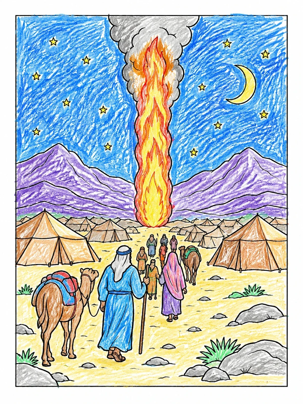 Colored example of the Pillar Of Fire Guiding Camp coloring page