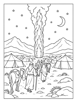A camp under the night sky guided by flame on an exodus coloring page.