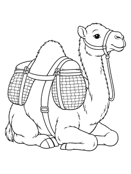 A peaceful pack camel rests with woven baskets in this exodus coloring page.