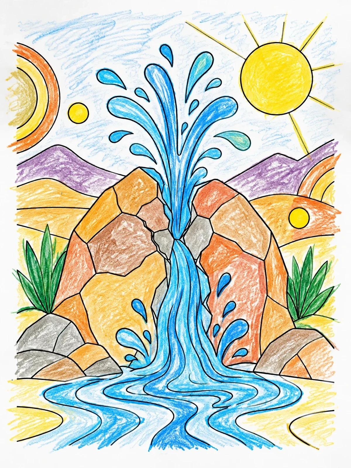 Colored example of the Water Gushing From The Desert Rock coloring page