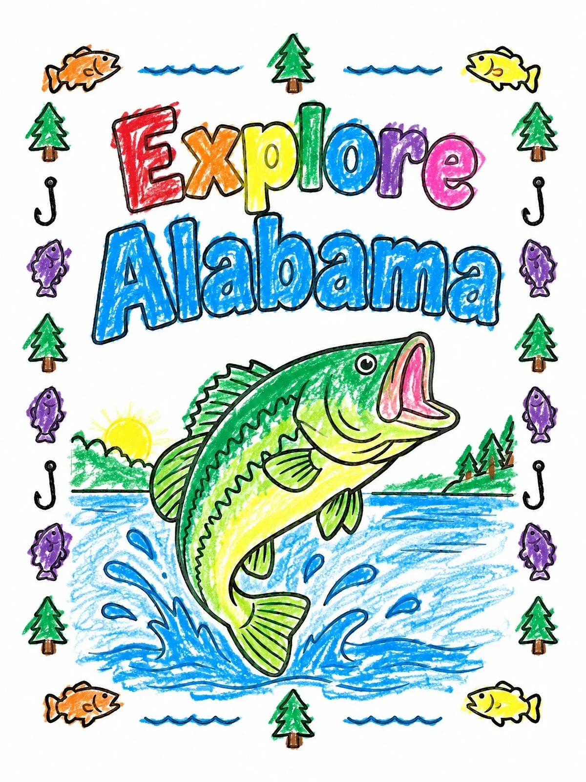 Colored example of the Explore Alabama Largemouth Bass coloring page