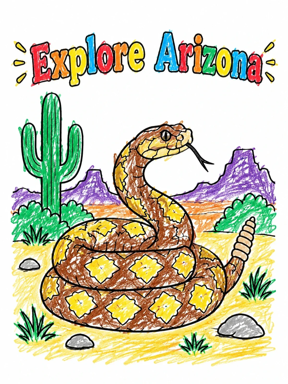 Colored example of the Explore Arizona Rattlesnake In The Desert coloring page