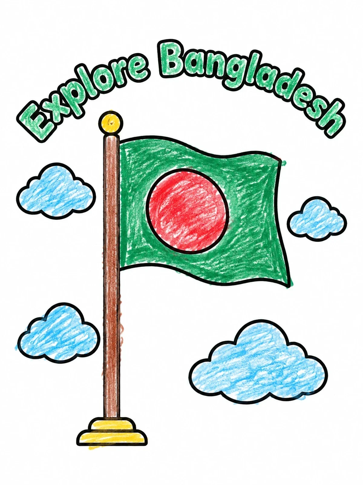 Colored example of the Explore Bangladesh Flag And Clouds coloring page