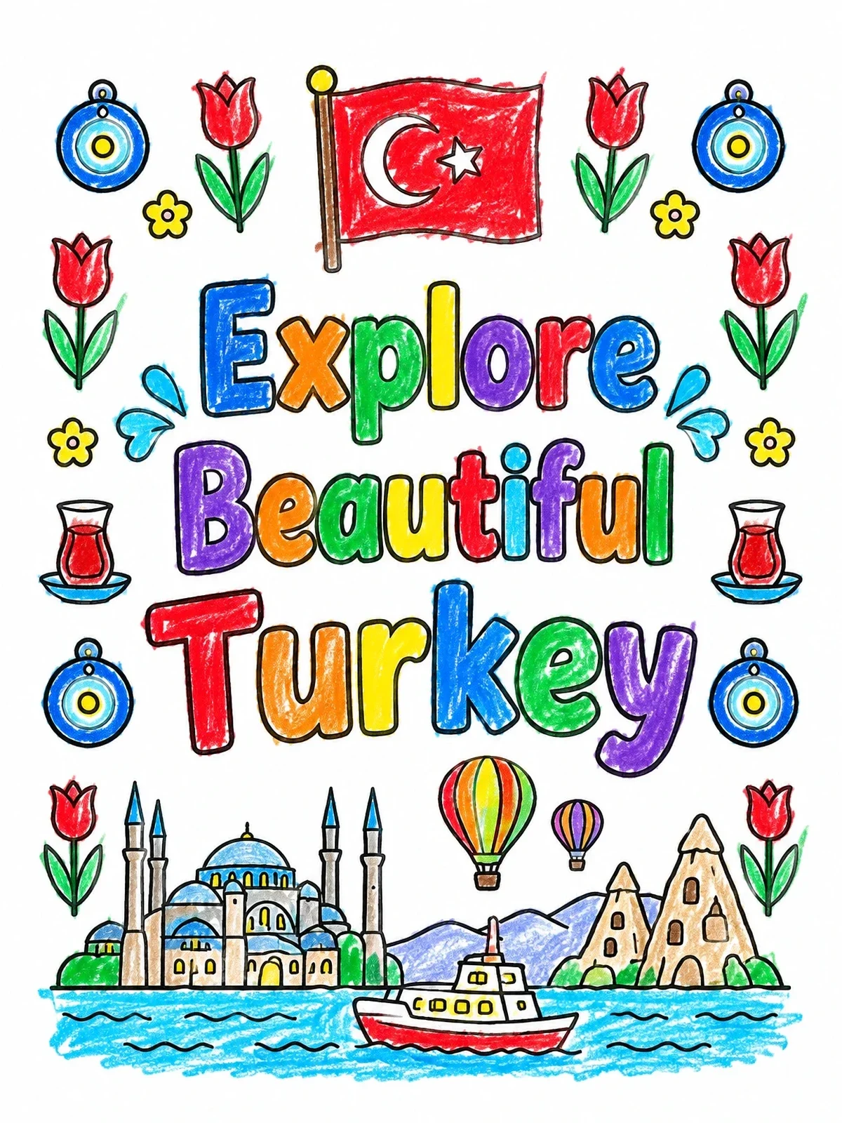 Colored example of the Explore Beautiful Turkey Symbols And Landmarks coloring page
