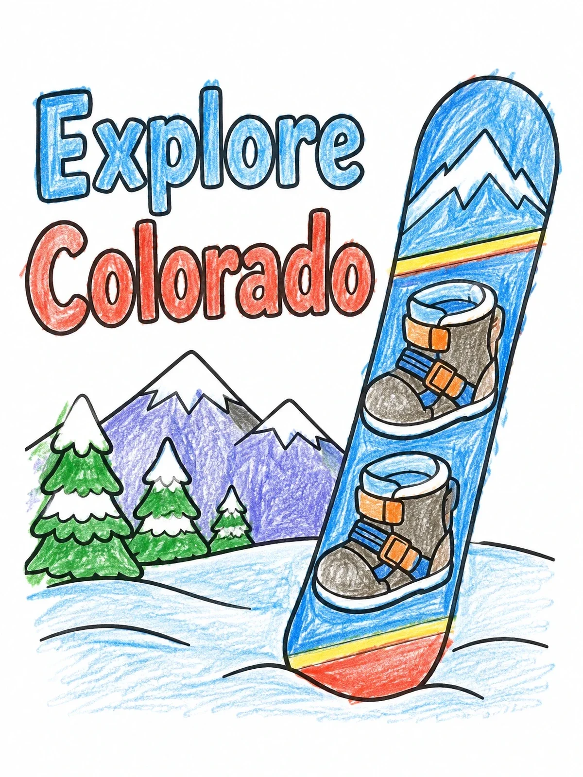 Colored example of the Explore Colorado Snowboard And Mountains coloring page