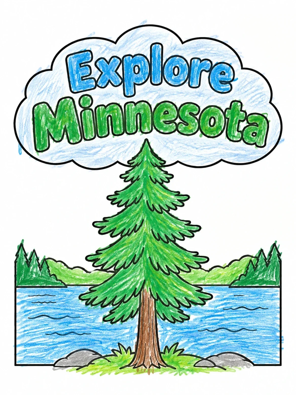 Colored example of the Explore Minnesota Pine By Lake coloring page