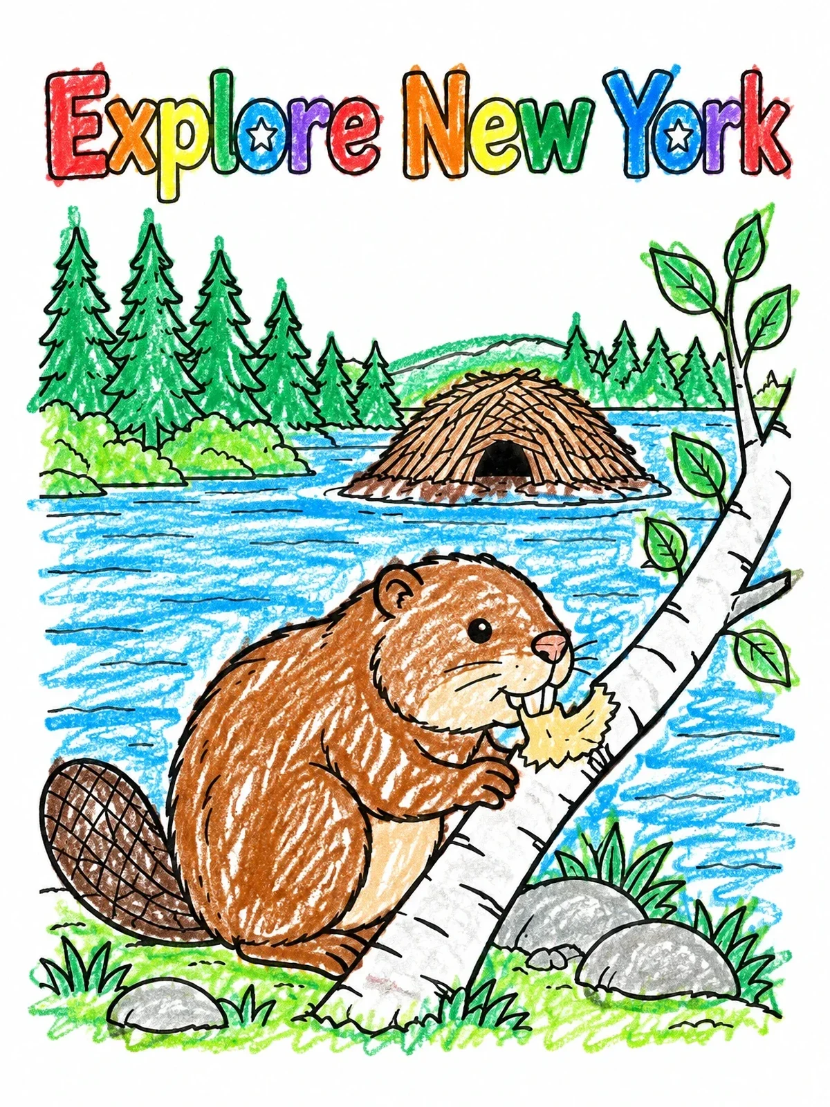 Colored example of the Explore New York Beaver And Lodge coloring page