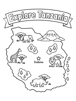 Free printable Explore Tanzania Map With Wildlife coloring page