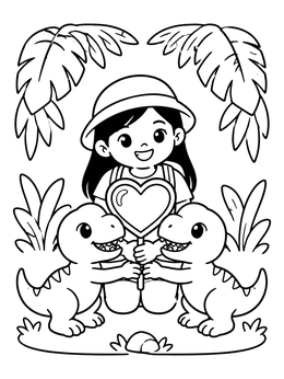 Free printable Explorer Girl And Valentine Baby Dinosaurs coloring page