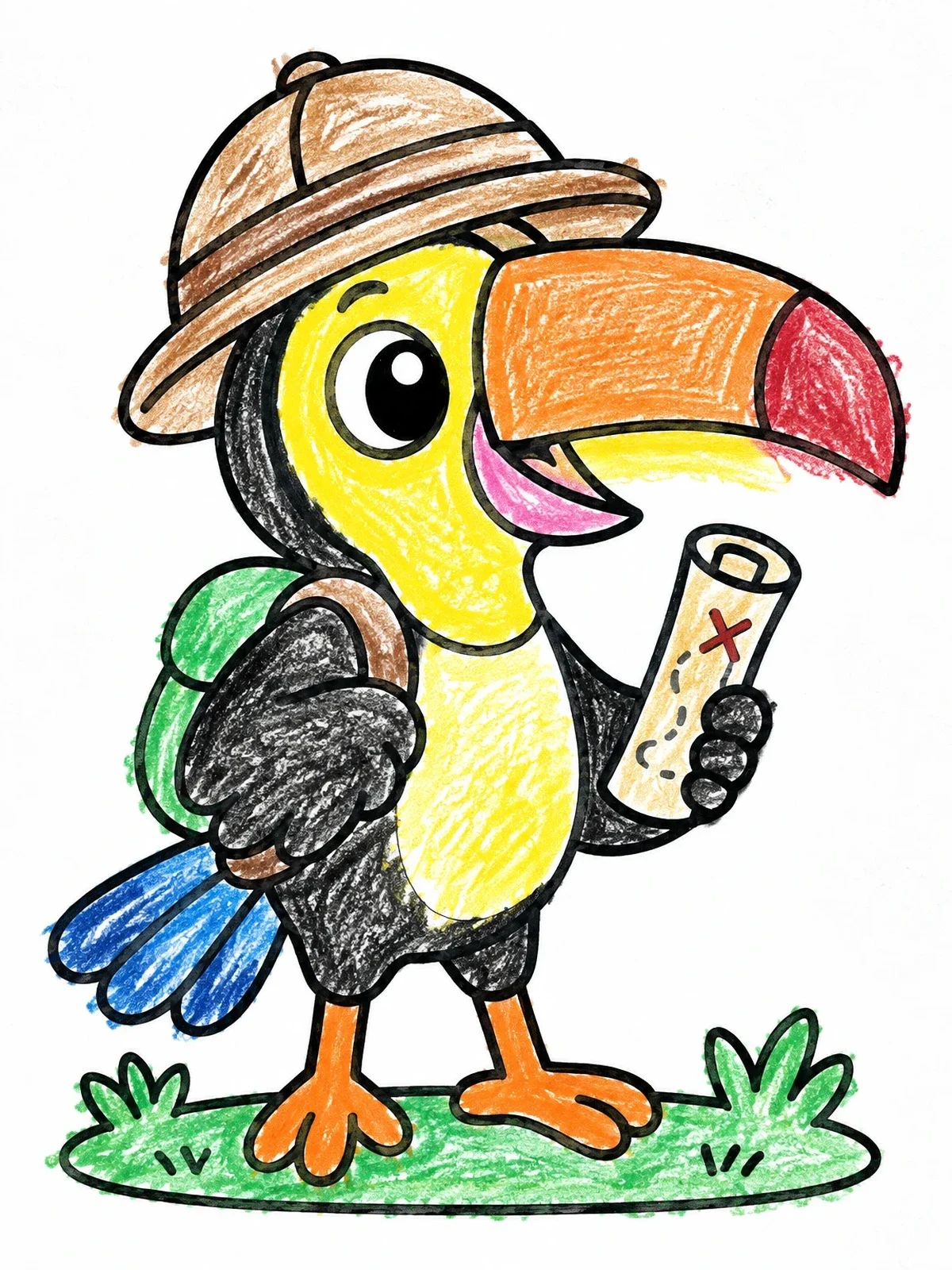 Colored example of the Explorer Toucan With Map coloring page